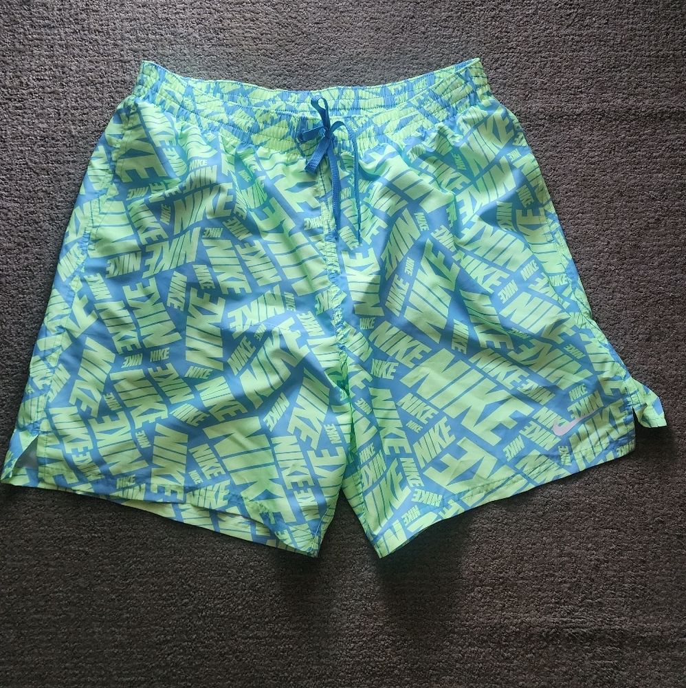Nike Men's Swim Tossed Block 7" Volley Neon Green and Blue Board Shorts